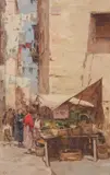 Continental School, European Market Scene, Oil on board