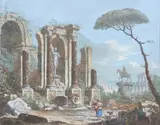Continental School, Women at a Fountain Near Ruins, Oil on canvas