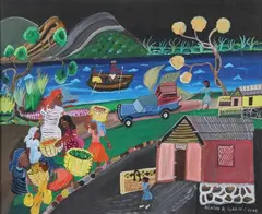 Agathe Aladin, Setting Up the Market, Oil on canvas