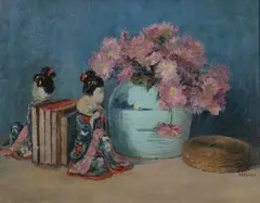 Eleanor Simms Black, Still Life with Blue Ginger Jar and Geisha Dolls, Oil on canvas