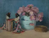 Eleanor Simms Black, Still Life with Blue Ginger Jar and Geisha Dolls, Oil on canvas