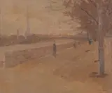 Frank Edwin Scott, Figures Along the Seine with the Eiffel Tower in the Distance, Oil on panel
