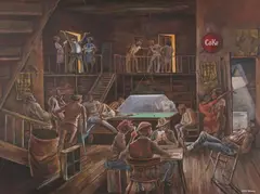 Ernie Barnes, Bubba'S Billiard Room, Oil on canvas