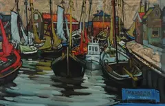 Jesús Casaus, Spakenburg Harbor, Oil on canvas
