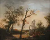 Dutch School, Landscape with Ruins and Livestock at Watering Hole
