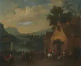 Marc Baets, Untitled, RIVER LANDSCAPE WITH TRAVELLERS BY AN INN, oil on panel