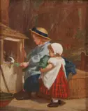 Timoléon Marie Lobrichon, The Rabbit Hutch, Oil on canvas