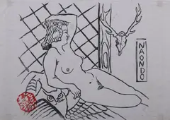 Naondo, Female Nude Contemplating Deer Skull, Woodcut