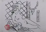 Naondo, Female Nude Contemplating Deer Skull, Woodcut