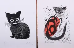 Motoi Oi, Miss Siamese; Cat in Jacket'; Untitled; Untitled, Four Sumi-e ink brush paintings of cats: "Miss Siamese", color and ink on paper, signed LR; "Cat in Jacket", print #7/50 signed LR; "Untitled", color pencil on paper dated 1978,; "Untitled", ink on paper dated 1992,; together with woodblock print "Untitled", ink on paper, signed and dated 1994 LR
