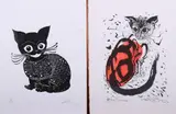 Motoi Oi, Miss Siamese; Cat in Jacket'; Untitled; Untitled, Four Sumi-e ink brush paintings of cats: "Miss Siamese", color and ink on paper, signed LR; "Cat in Jacket", print #7/50 signed LR; "Untitled", color pencil on paper dated 1978,; "Untitled", ink on paper dated 1992,; together with woodblock print "Untitled", ink on paper, signed and dated 1994 LR