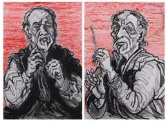 Motoi Oi, Self-Portraits, Two Sumi-e color and ink on paper, each signed and dated LL - Each: 31 1/2 in. x 22 in