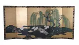 Anonymous, "Cranes near Water", Six panel screen, ink and color on paper - Each panel: 67 3/4 in. x 24 1/2 in