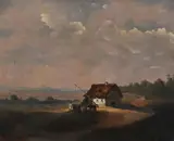 Continental School, Rural Cottage with Peasant Watering Cattle, Oil on canvas