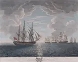 Dominic Serres, THE REPRESENTATION OF HIS MAJESTY'S SHIP "MEDIATOR", engraving with hand coloring by Robert Pollard, THE REPRESENTATION OF HIS MAJESTY'S SHIP "MEDIATOR", engraving with hand coloring by Robert Pollard