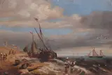 Continental School, Ships on Beach, SHIPS ON BEACH, oil on canvas