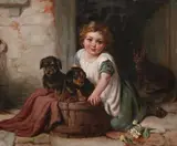 Young Girl with Two Puppies and a Cat by Italian School, YOUNG GIRL WITH TWO PUPPIES AND A CAT, oil on board, sold Jun 2008