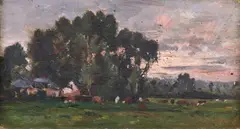 Barbizon School, Grazing Cows in Meadow with Chateau, GRAZING COWS IN MEADOW WITH CHATEAU, oil on board