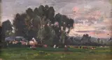 Barbizon School, Grazing Cows in Meadow with Chateau, GRAZING COWS IN MEADOW WITH CHATEAU, oil on board