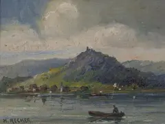 River Landscape with Man Rowing by Heinrich Recker, Oil on canvas laid on board, sold Jun 2008