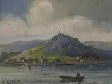 Heinrich Recker, River Landscape with Man Rowing, Oil on canvas laid on board