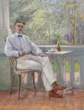 Jeanne Marie Chenu, Young Gentleman on Veranda with Cigarette and Drink, Oil on board
