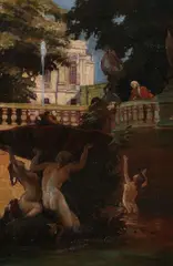 Istvan Voros, Frolicking Nudes in Fountain with Onlooker, Oil on canvas
