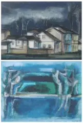 HOUSES AT NIGHT; and BLUE LAGOON: TWO WORKS, first signed and dated 1963 lower right, second signed and dated 1963 by Frank Schaeffer, Oil on paper, sold Jun 2008