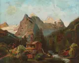 Cabin in Mountain Landscape by American School, CABIN IN MOUNTAIN LANDSCAPE, oil on canvas, offered Jun 2008