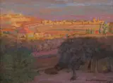 MOUNTAIN VILLAGE AT SUNSET, illegibly signed lower right Holm** and dated 1917 by American School, Oil on board, sold Jun 2008