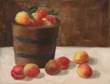 Still Life of Peaches in Old Wooden Bushel Basket by American School, STILL LIFE OF PEACHES IN OLD WOODEN BUSHEL BASKET, oil on canvas, sold Jun 2008