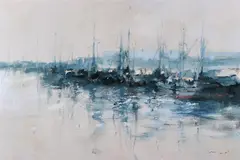 Boats at Harbor by Charles Gruppe, Oil on canvasboard, sold Jun 2008