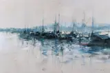 Charles Gruppe, Boats at Harbor, Oil on canvasboard