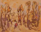 John Clifford Erickson, Couple Walking Through Park in Autumn, Oil on canvas