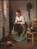 Henri Charles Antoine Baron, The Seamstress with Her Cat, Oil on panel