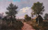 Rene Gourdon, Landscape with Thatched Cottages, Oil on canvas