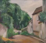 Robert Lotiron, Tree-Lined Street in Village, Oil on canvas
