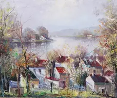 Lucien Delarue, Village on the Water, Oil on canvas