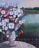 Charles Levier, Fleurs Sur L'Etang, Oil on canvas