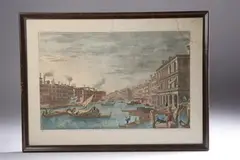 Pons Rivoalti procul cospectus, cum Palatio Delphinorum, et ripa carbonaria ad dexteram, nec non uinaria ad sinistram by Michele Marieschi, Hand-colored engraving, offered Jul 2008