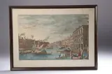 Michele Marieschi, Pons Rivoalti procul cospectus, cum Palatio Delphinorum, et ripa carbonaria ad dexteram, nec non uinaria ad sinistram, Hand-colored engraving