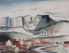 Edith Mae Brisac, Landscape with Mountains, Watercolor on paper