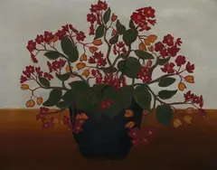 Charles Orloff, Pot of Red Flowers with Yellow Leaves, Oil on canvas