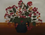 Charles Orloff, Pot of Red Flowers with Yellow Leaves, Oil on canvas
