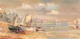 Coastal View with Docked Boats by Continental School, Oil on canvas, sold Jul 2008