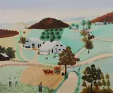 Primitive Farm Landscape by American School, PRIMITIVE FARM LANDSCAPE, oil on canvas, offered Jul 2008
