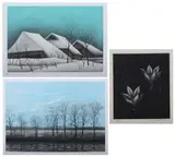 Nobuo Satoh, Flowers, Together with TREES ON RIVERBANK by Kondo (Japanese, 20th century), original etching with mezzotint, signed; and HOUSE IN SNOW by Sakamoto (Japanese, 20th century), original etching with mezzotint, signed