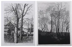 Okamoto Shogo, Tree and Farmyard, Together with WIND IN TREES, original etching with mezzotint, signed