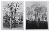 Okamoto Shogo, Tree and Farmyard, Together with WIND IN TREES, original etching with mezzotint, signed