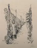 Alfred Kubin, Figure on Road with Umbrella, Lithograph